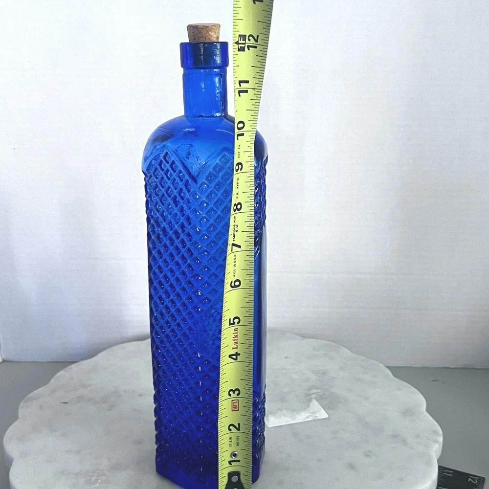 Cobalt Blue Glass‎ Bottle Hexagon Shaped w Cork Spain Diamond Embossed 12X3.5